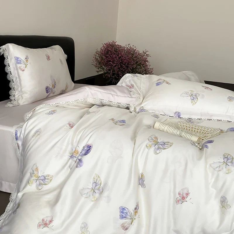 Duvet Cover Satin Butterfly Print Lace Trim