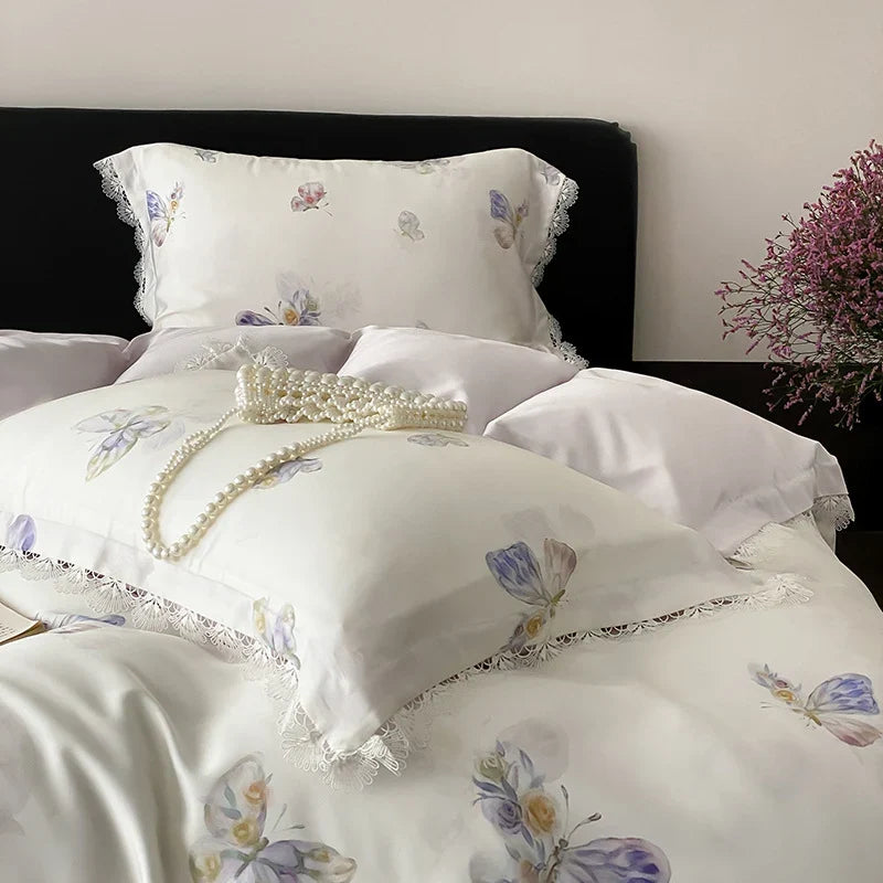 Duvet Cover Satin Butterfly Print Lace Trim