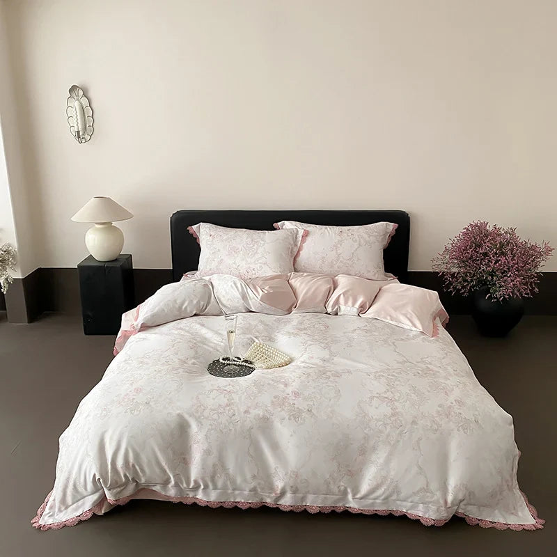 Duvet Cover Satin Butterfly Print Lace Trim