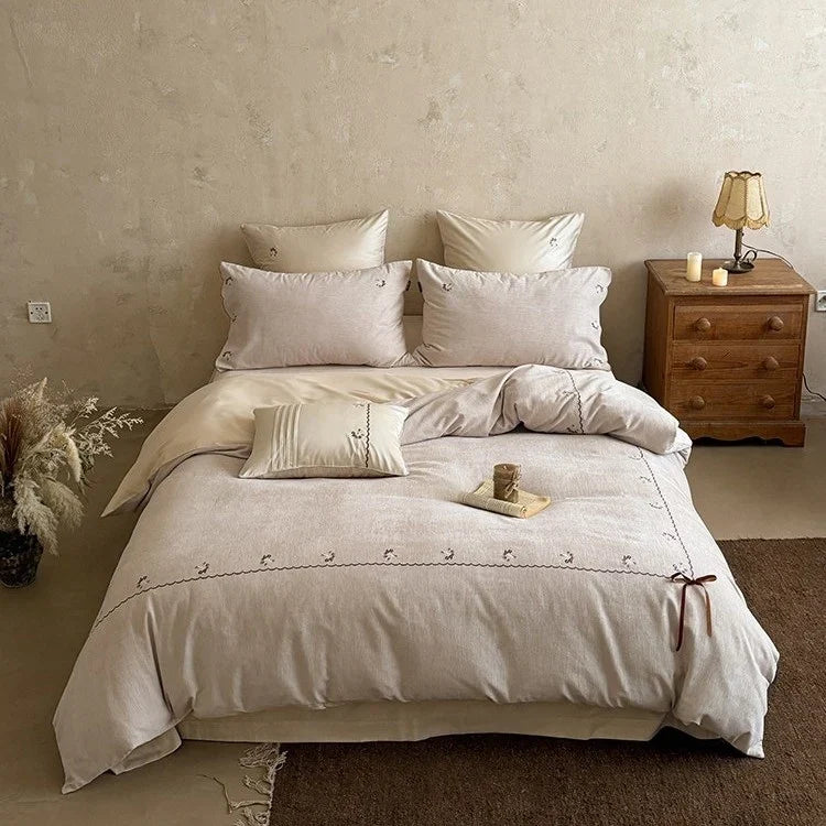 Duvet Cover Set 4-Piece Cotton-Linen Floral Embroidery
