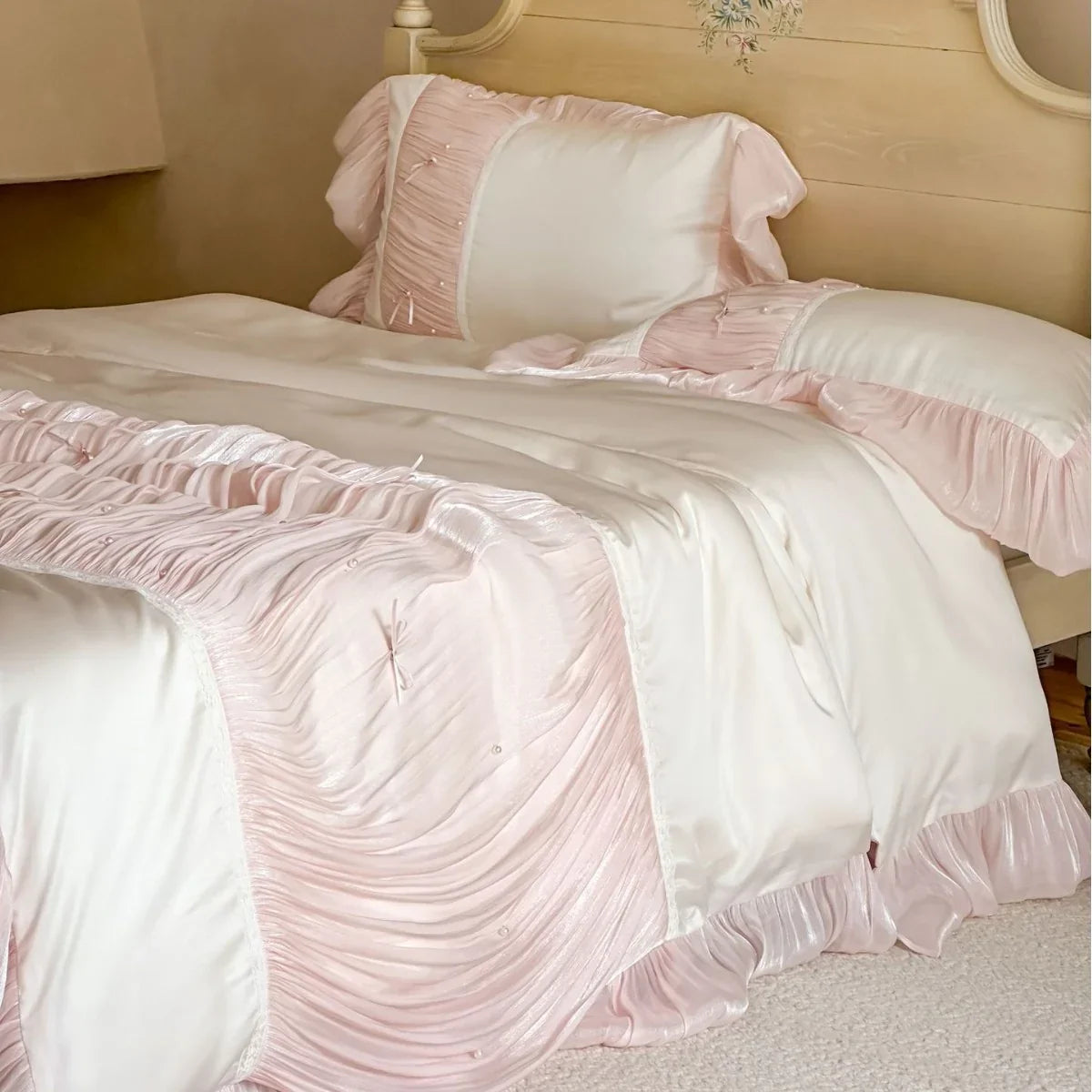 Duvet Cover Set 4 Piece Ruffle & Pleat Pearl Accents