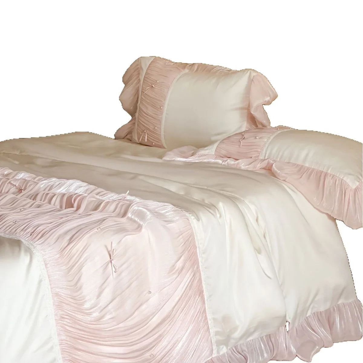 Duvet Cover Set 4 Piece Ruffle & Pleat Pearl Accents