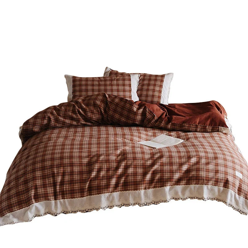 Duvet Cover Set Breathable Cotton Checked Lace Trim