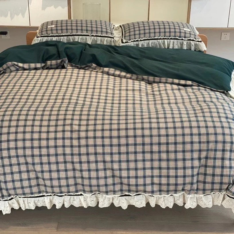 Duvet Cover Set Breathable Cotton Checked Lace Trim