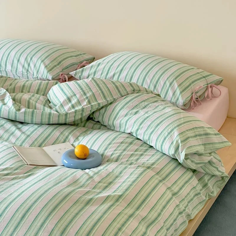 Duvet Cover Set Breathable Cotton Fine Stripe Hidden Zipper