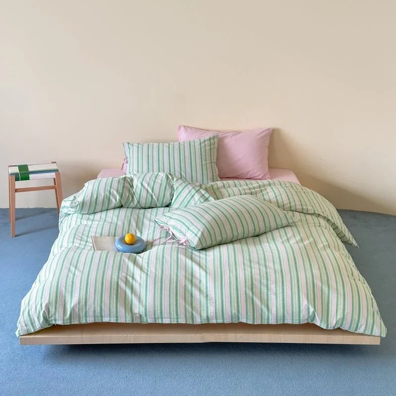 Duvet Cover Set Breathable Cotton Fine Stripe Hidden Zipper