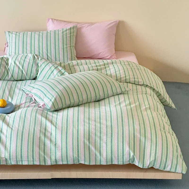 Duvet Cover Set Breathable Cotton Fine Stripe Hidden Zipper