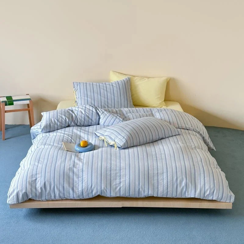 Duvet Cover Set Breathable Cotton Fine Stripe Hidden Zipper