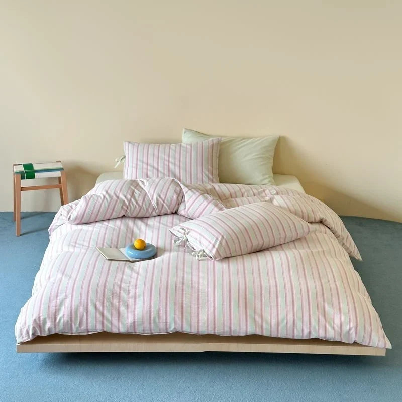Duvet Cover Set Breathable Cotton Fine Stripe Hidden Zipper