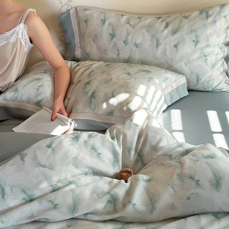 Duvet Cover Set Breathable Mako Cotton Watercolor Fern 4-Piece