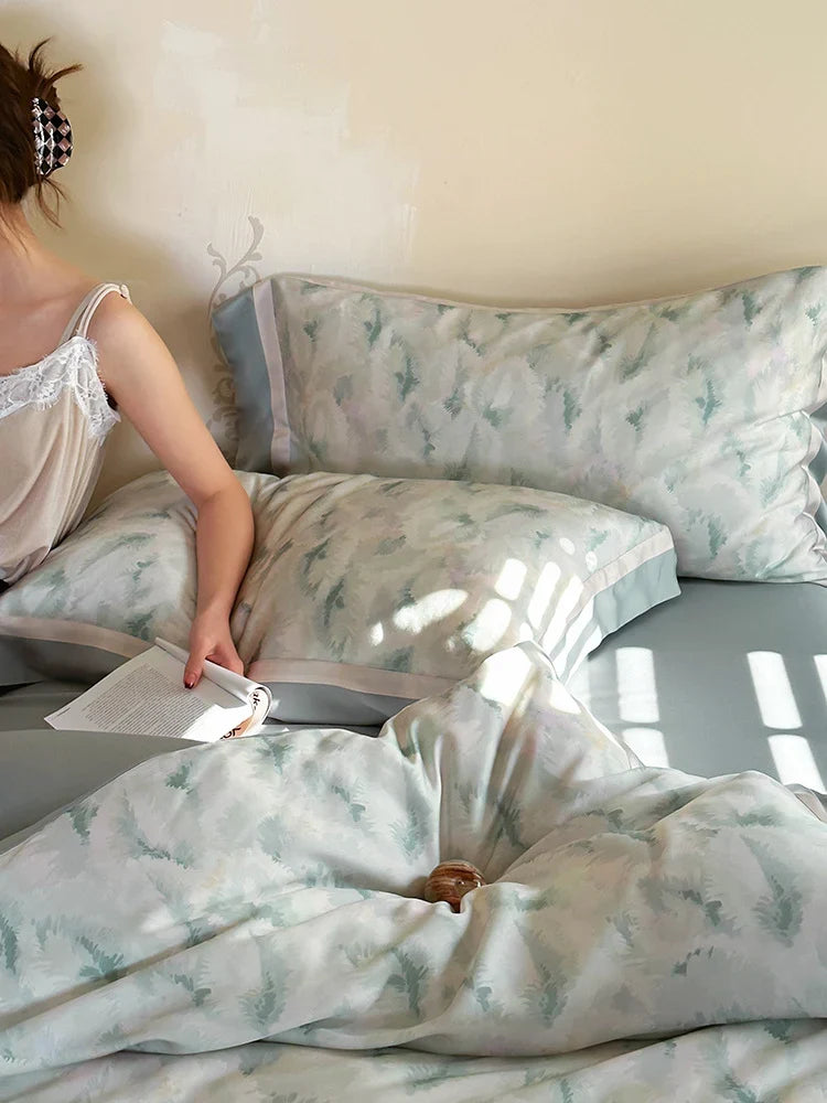 Duvet Cover Set Breathable Mako Cotton Watercolor Fern 4-Piece