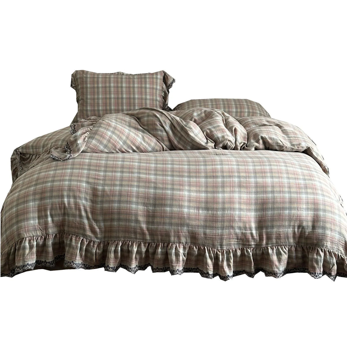 Duvet Cover Set Classic Check Ruffle & Lace Trim
