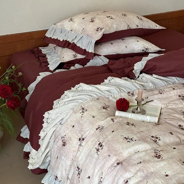 Duvet Cover Set Cotton Blend Floral Ruffled Lace Trim