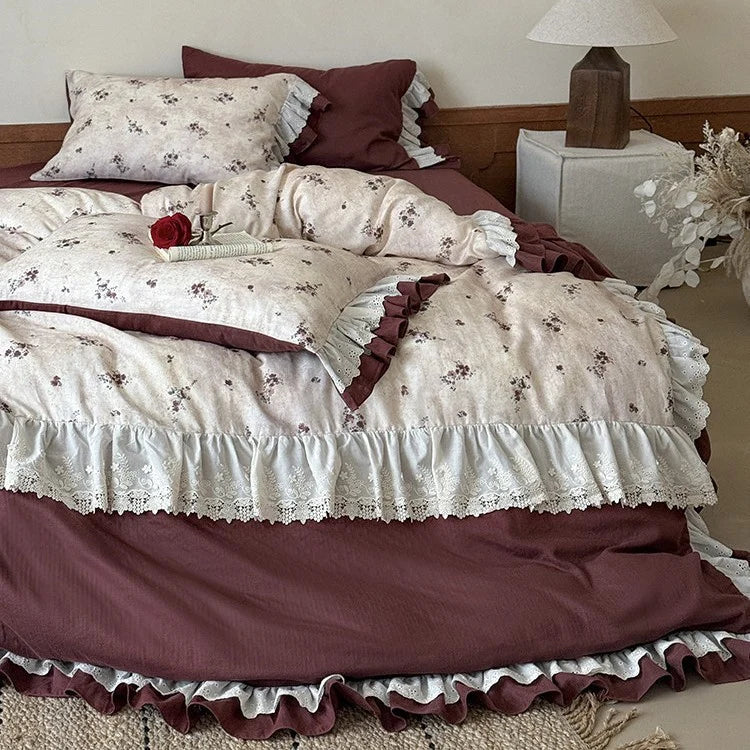 Duvet Cover Set Cotton Blend Floral Ruffled Lace Trim