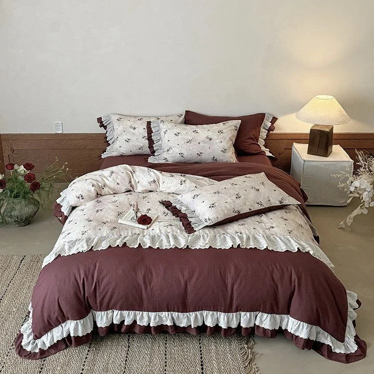 Duvet Cover Set Cotton Blend Floral Ruffled Lace Trim