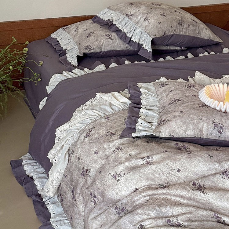 Duvet Cover Set Cotton Blend Floral Ruffled Lace Trim