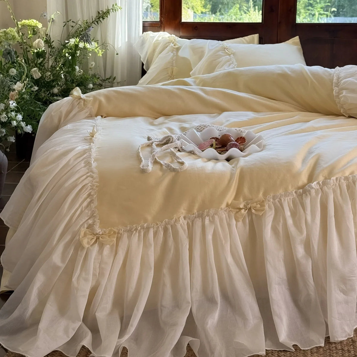Duvet Cover Set Cotton-Blend Ruffled Bed Skirt Bow Appliques