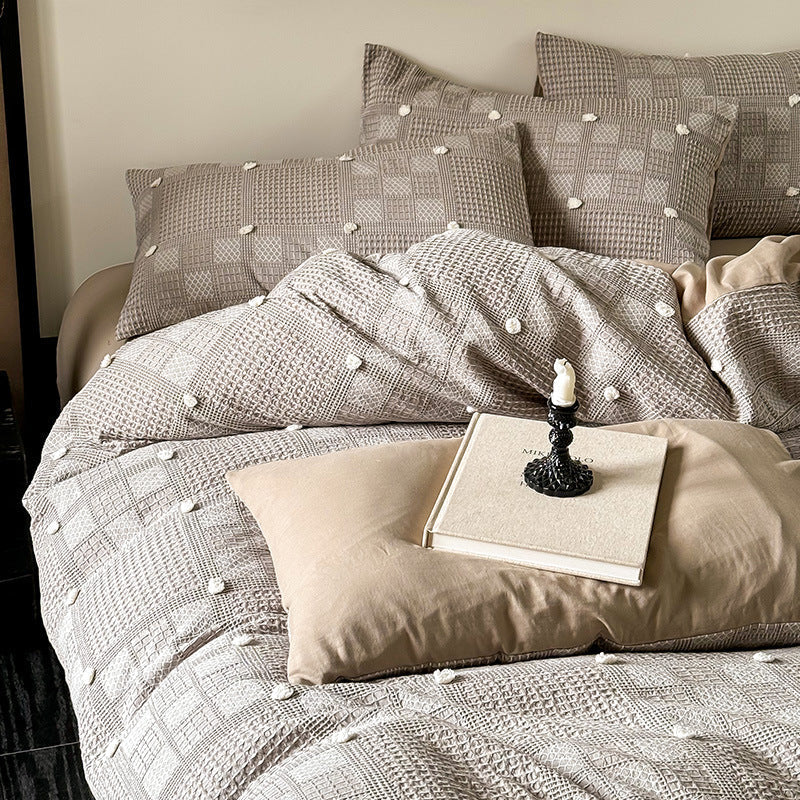 Duvet Cover Set Cotton-Blend Waffle Texture & Pompom Trim