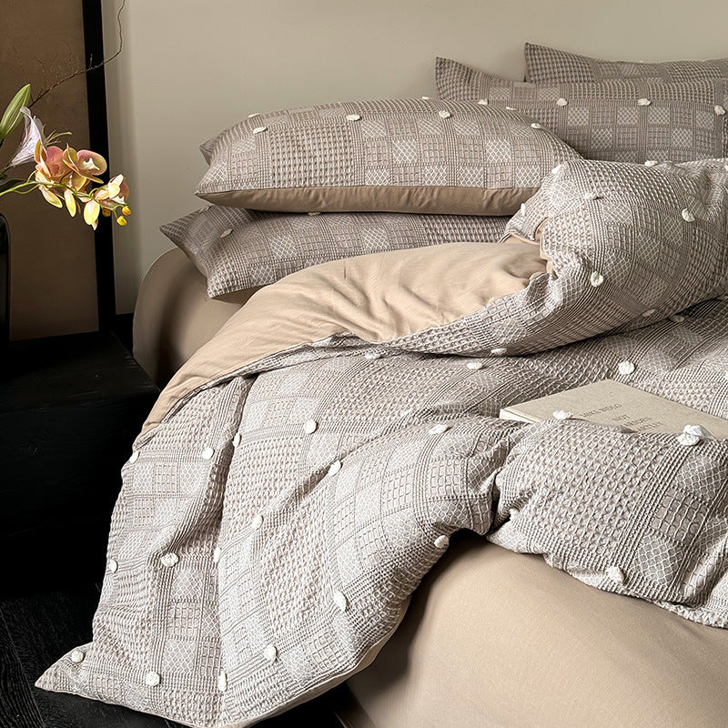 Duvet Cover Set Cotton-Blend Waffle Texture & Pompom Trim