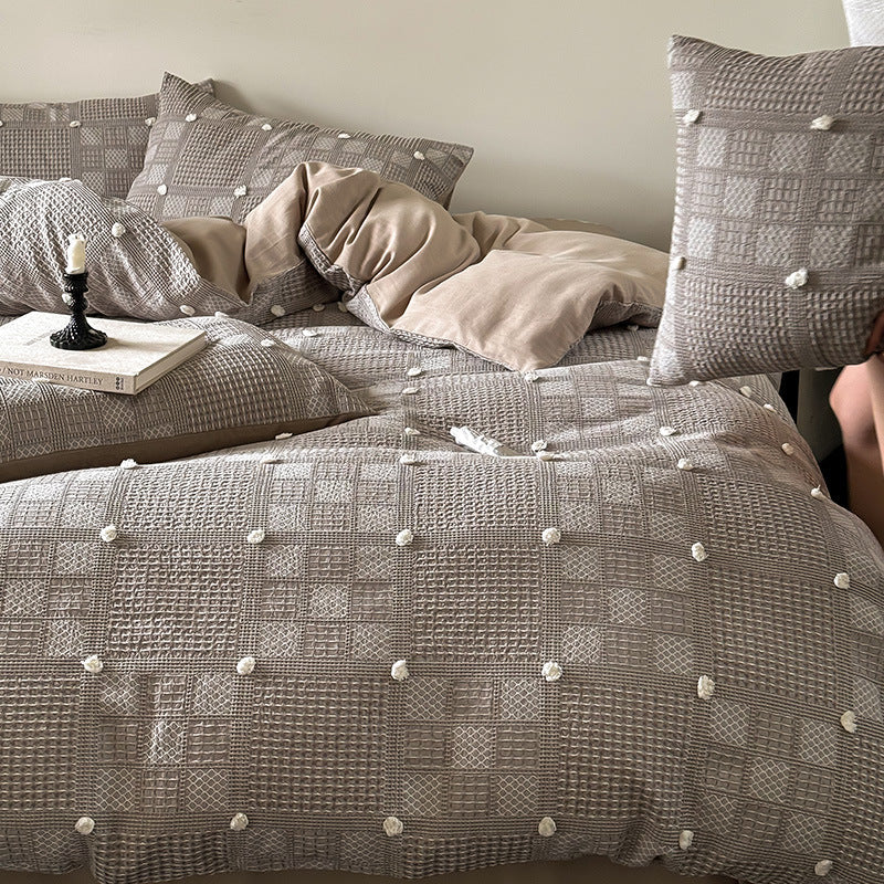 Duvet Cover Set Cotton-Blend Waffle Texture & Pompom Trim
