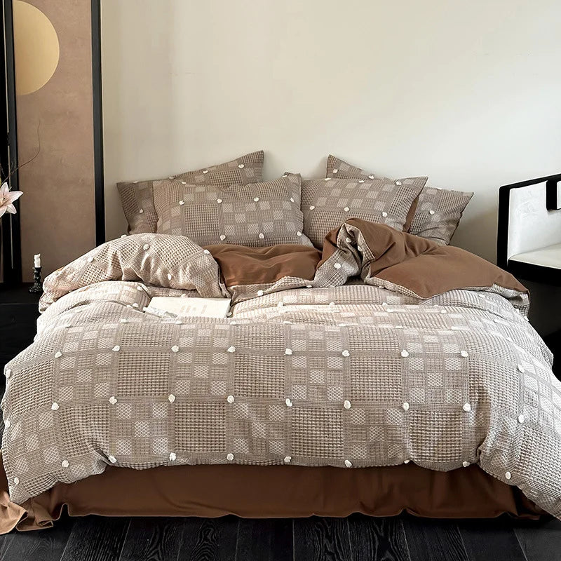 Duvet Cover Set Cotton-Blend Waffle Texture & Pompom Trim