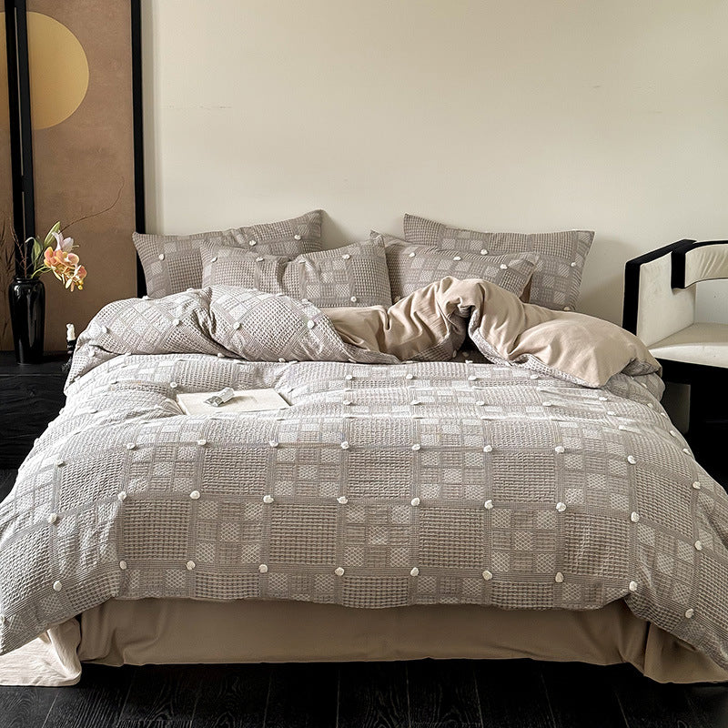 Duvet Cover Set Cotton-Blend Waffle Texture & Pompom Trim