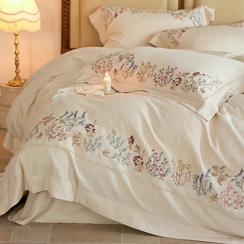 Duvet Cover Set Cotton Floral Embroidery 4-Piece