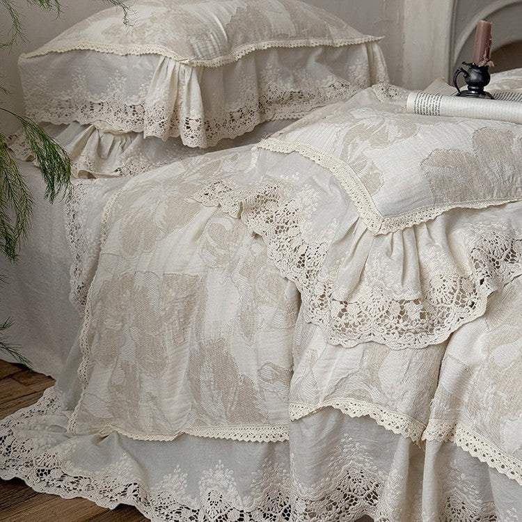 Duvet Cover Set Cotton-Linen Blend Floral & Lace Trim