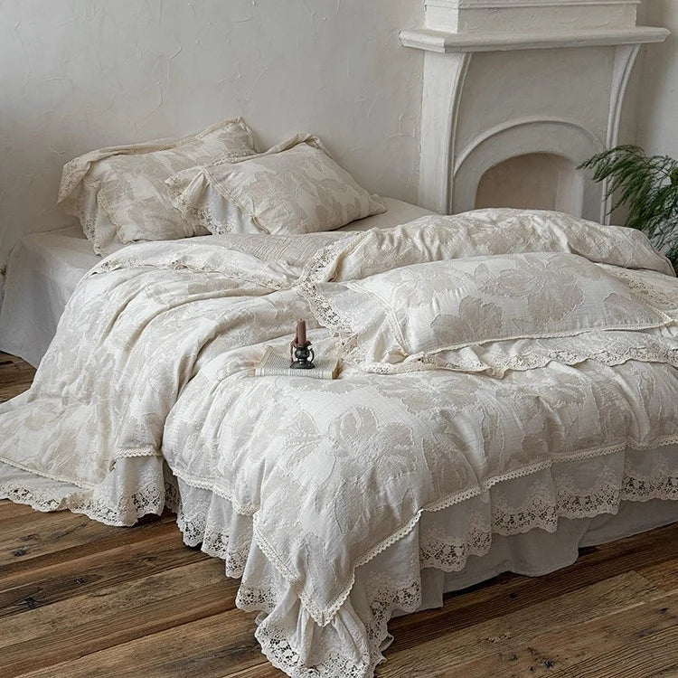 Duvet Cover Set Cotton-Linen Blend Floral & Lace Trim