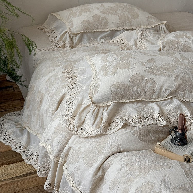Duvet Cover Set Cotton-Linen Blend Floral & Lace Trim