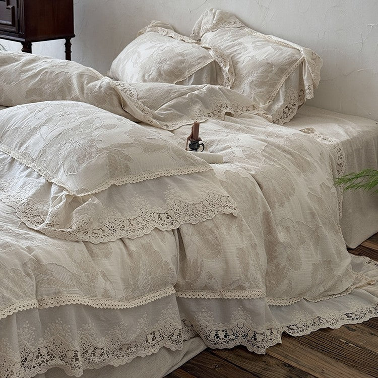 Duvet Cover Set Cotton-Linen Blend Floral & Lace Trim