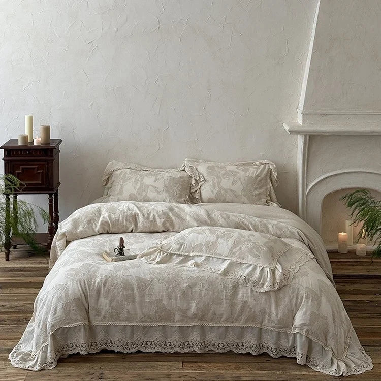 Duvet Cover Set Cotton-Linen Blend Floral & Lace Trim