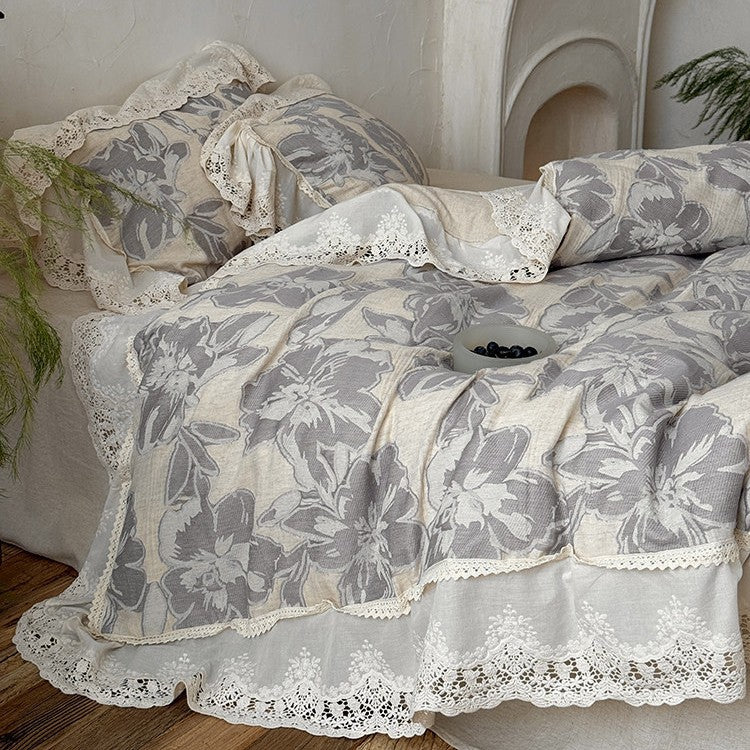 Duvet Cover Set Cotton-Linen Blend Floral & Lace Trim