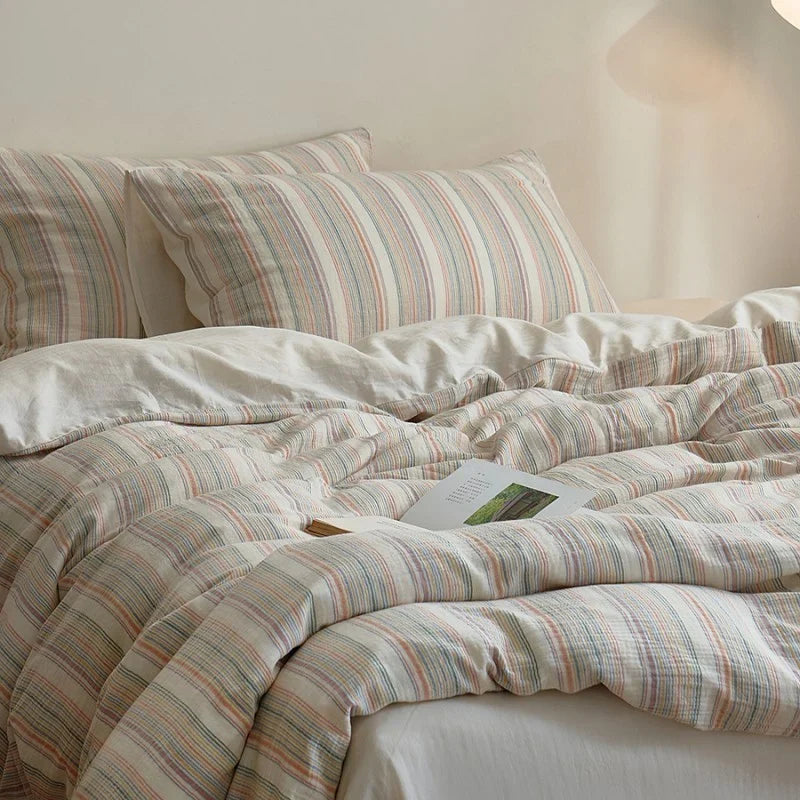 Duvet Cover Set Cotton-Linen Blend Quilted Stripes 4-Piece