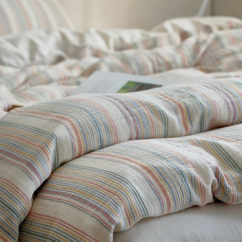 Duvet Cover Set Cotton-Linen Blend Quilted Stripes 4-Piece