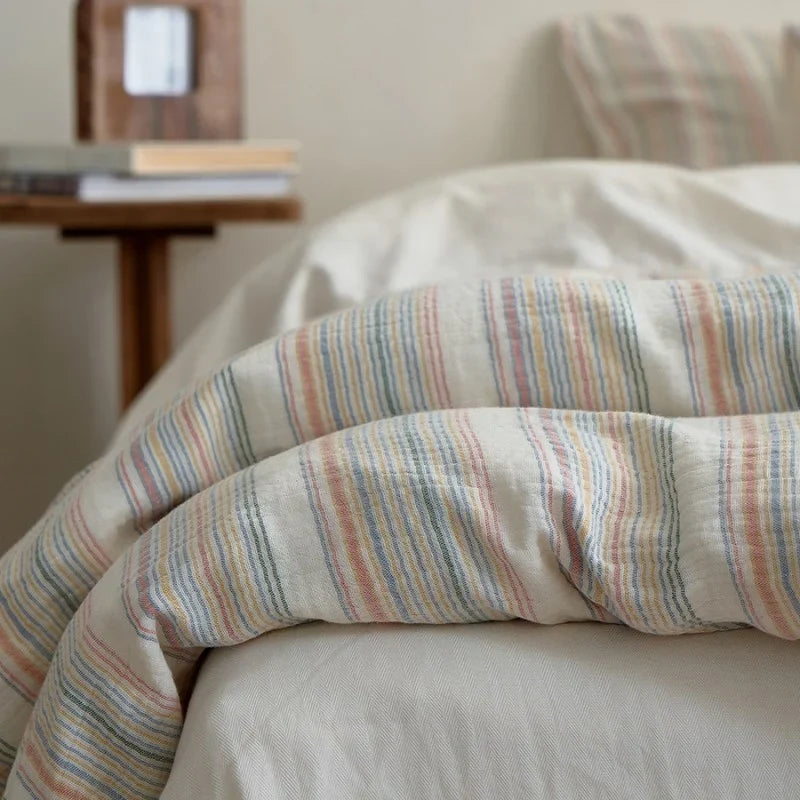 Duvet Cover Set Cotton-Linen Blend Quilted Stripes 4-Piece