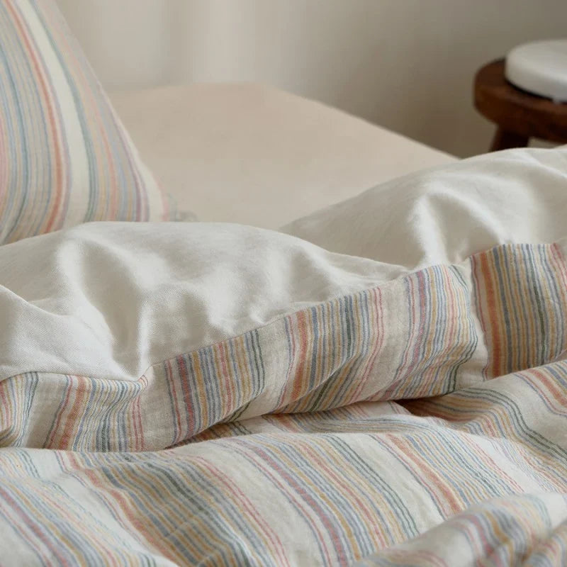 Duvet Cover Set Cotton-Linen Blend Quilted Stripes 4-Piece