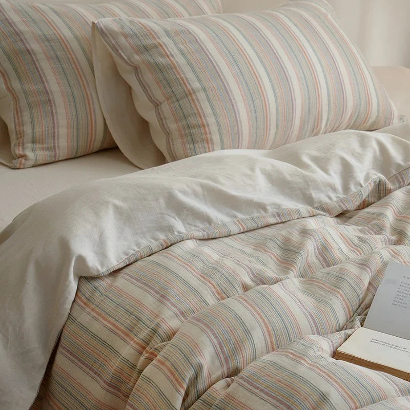 Duvet Cover Set Cotton-Linen Blend Quilted Stripes 4-Piece