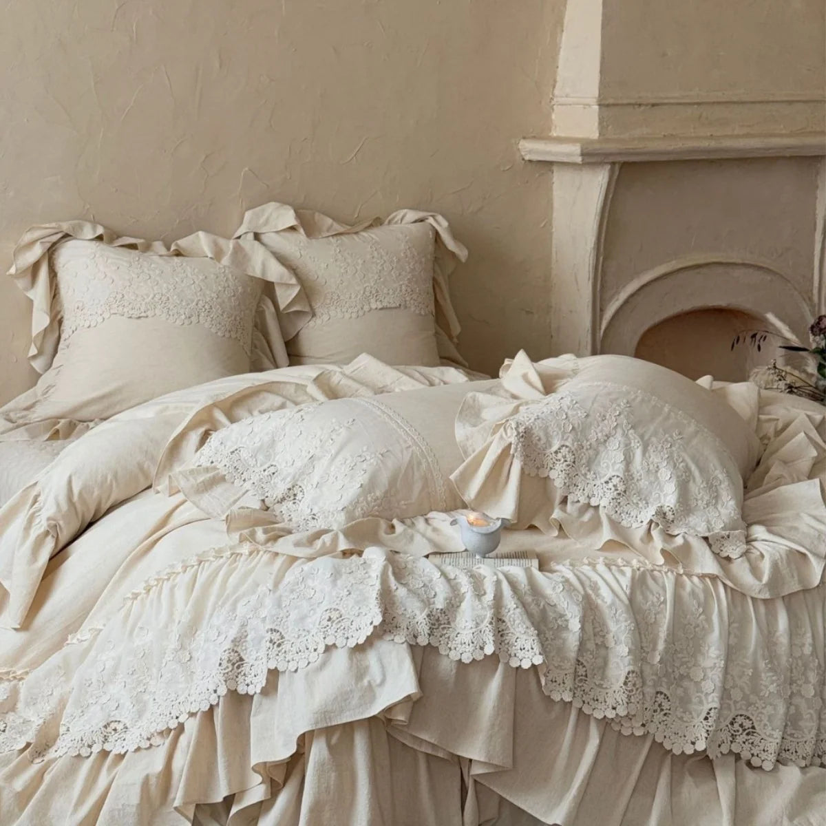 Duvet Cover Set Cotton-Linen Blend Ruffle & Lace 4-Piece