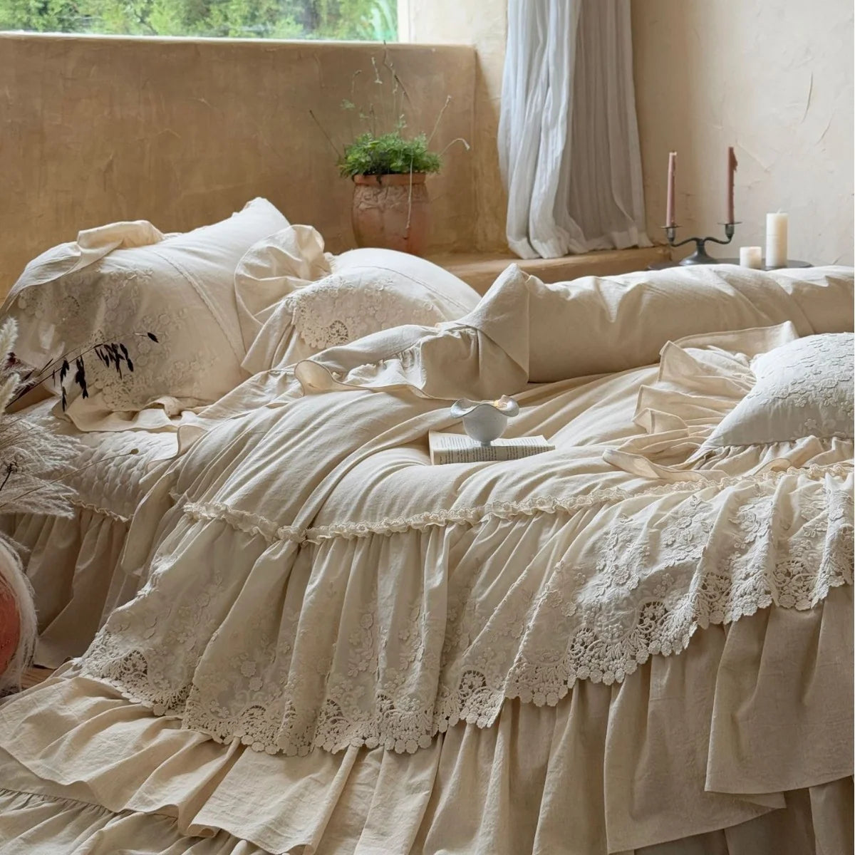 Duvet Cover Set Cotton-Linen Blend Ruffle & Lace 4-Piece
