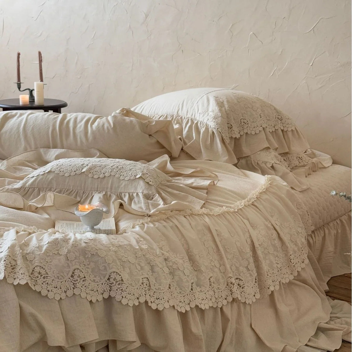 Duvet Cover Set Cotton-Linen Blend Ruffle & Lace 4-Piece