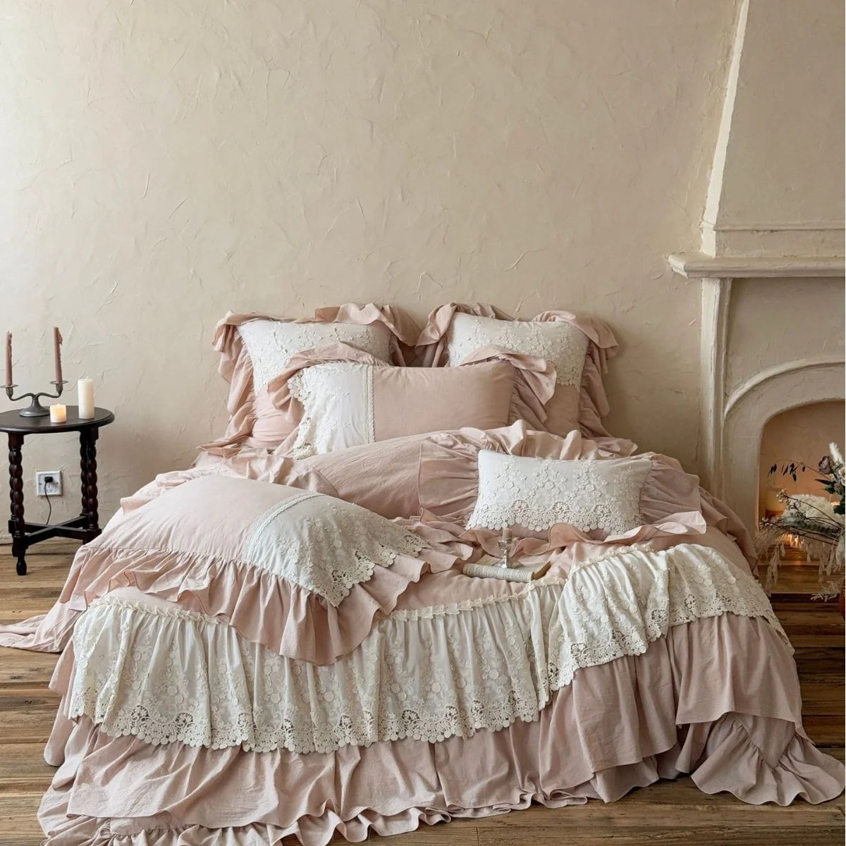 Duvet Cover Set Cotton-Linen Blend Ruffle & Lace 4-Piece