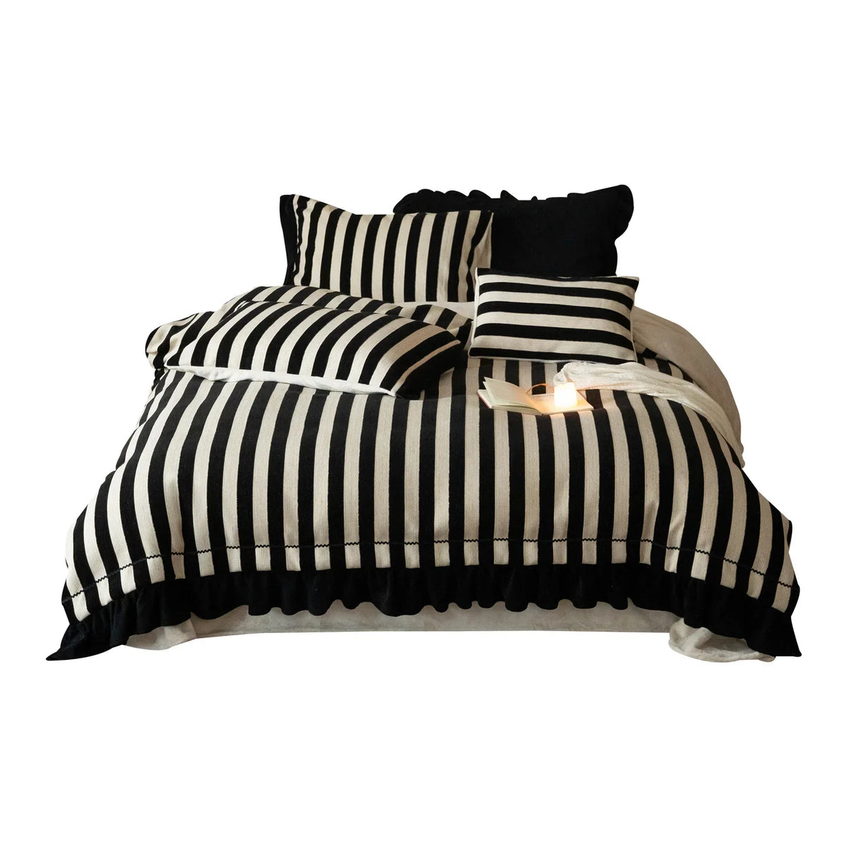 Duvet Cover Set Cotton-Linen Blend Striped Ruffle 4-Piece