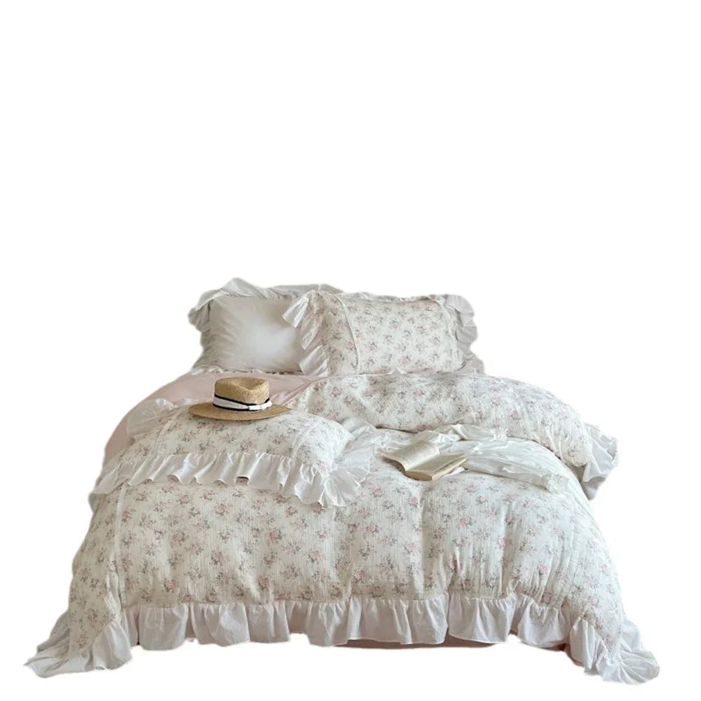 Duvet Cover Set Cotton-Linen Breathable Floral Ruffle