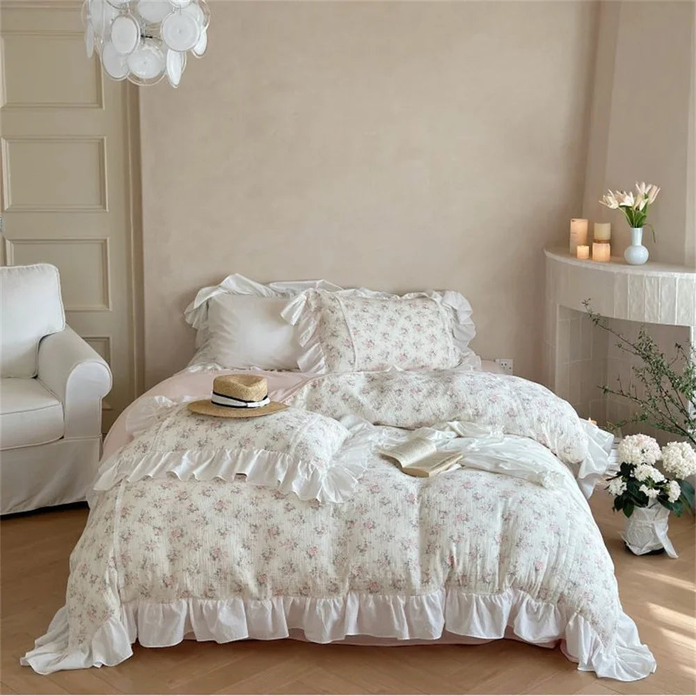 Duvet Cover Set Cotton-Linen Breathable Floral Ruffle