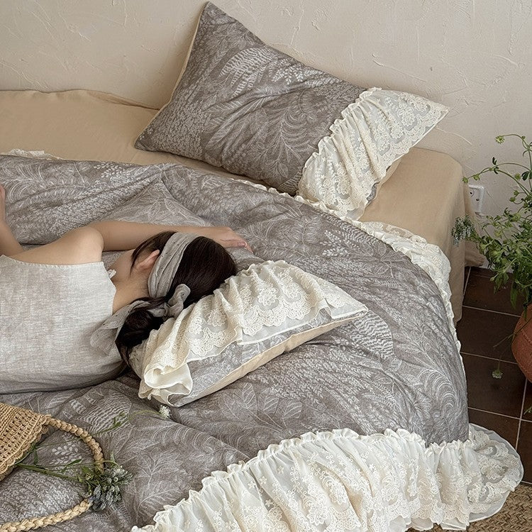 Duvet Cover Set Cotton-Linen Breathable Lace Ruffle