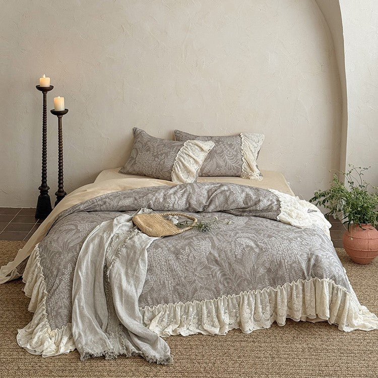 Duvet Cover Set Cotton-Linen Breathable Lace Ruffle