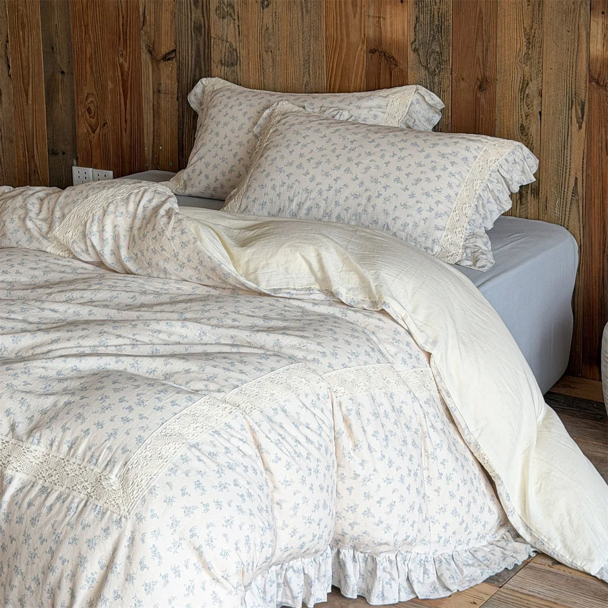 Duvet Cover Set Cotton-Linen Breathable Ruffled & Lace Trim