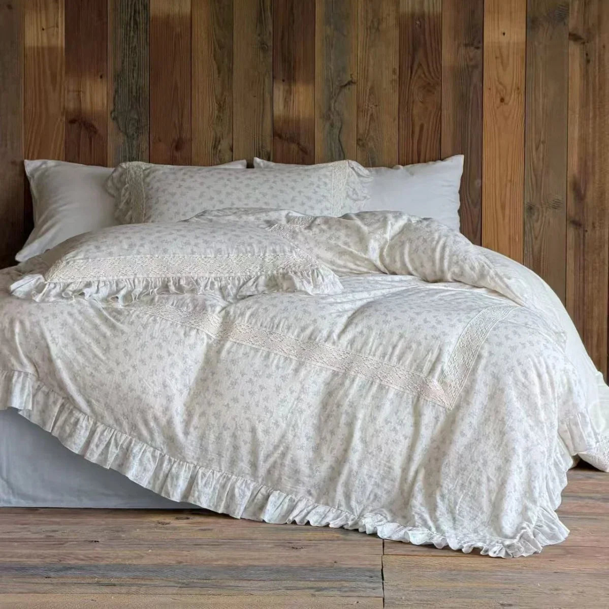 Duvet Cover Set Cotton-Linen Breathable Ruffled & Lace Trim