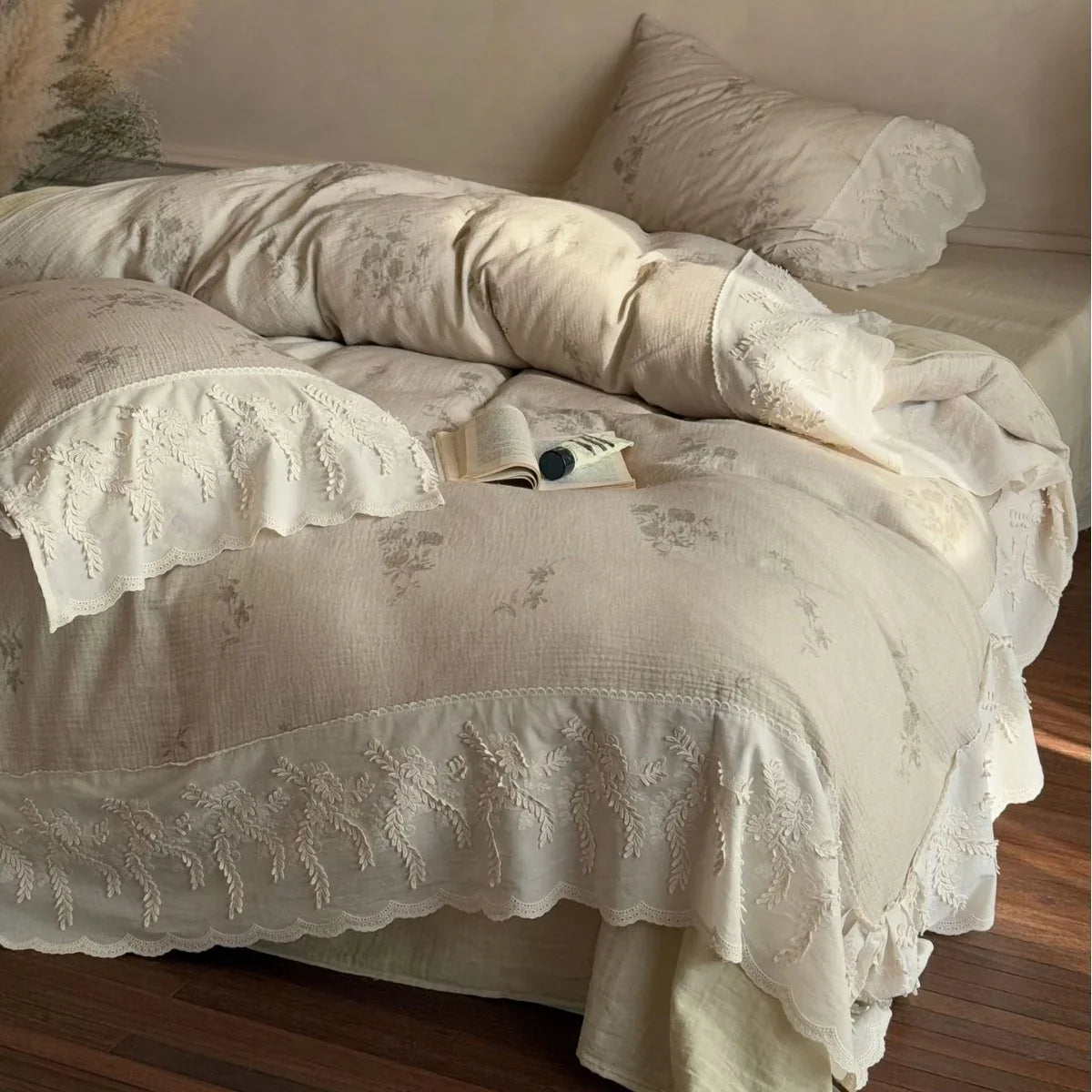 Duvet Cover Set Cotton-Linen Tonal Embroidery & Lace Trim